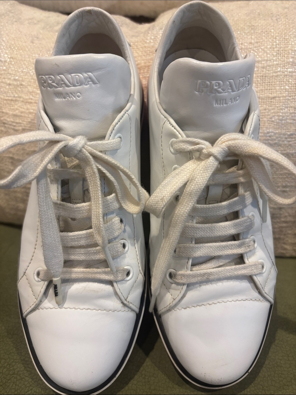 Prada White Leather Low-Top Sneakers with Embossed Logo